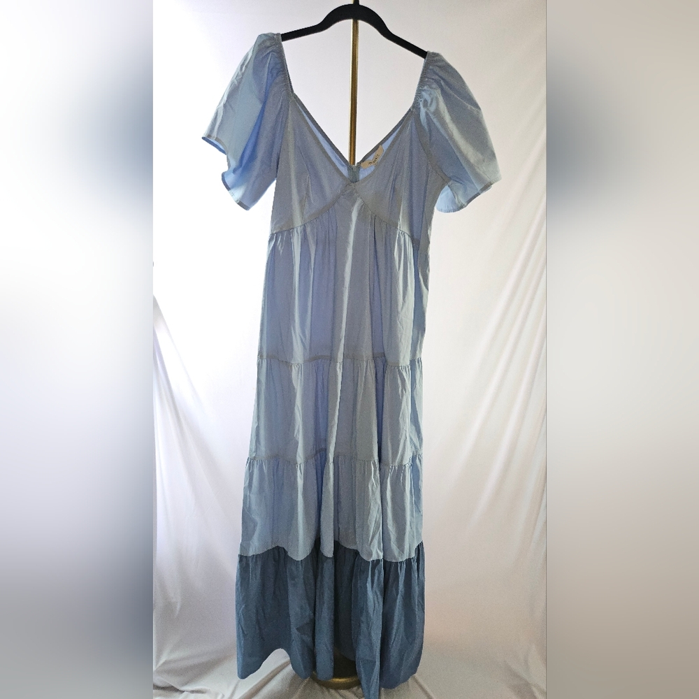 One One Six Blue Tiered Colorblock Poplin Maxi Dress